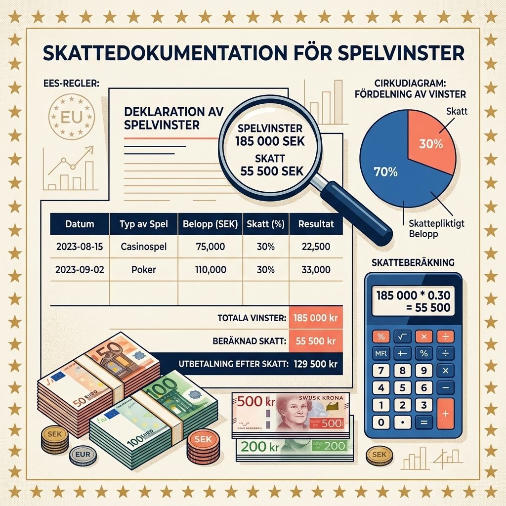 Illustration av dokumenthantering och skatteberäkning för casinovinster