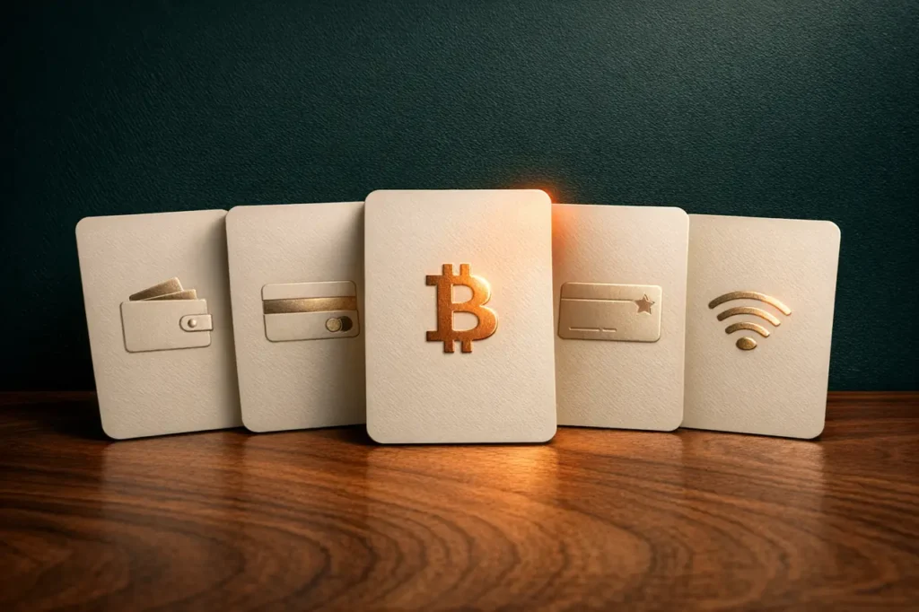 Betalningsmetoder utan svensk licens 2026 – kort, e-plånböcker, krypto och prepaid arrangerade på skrivbord