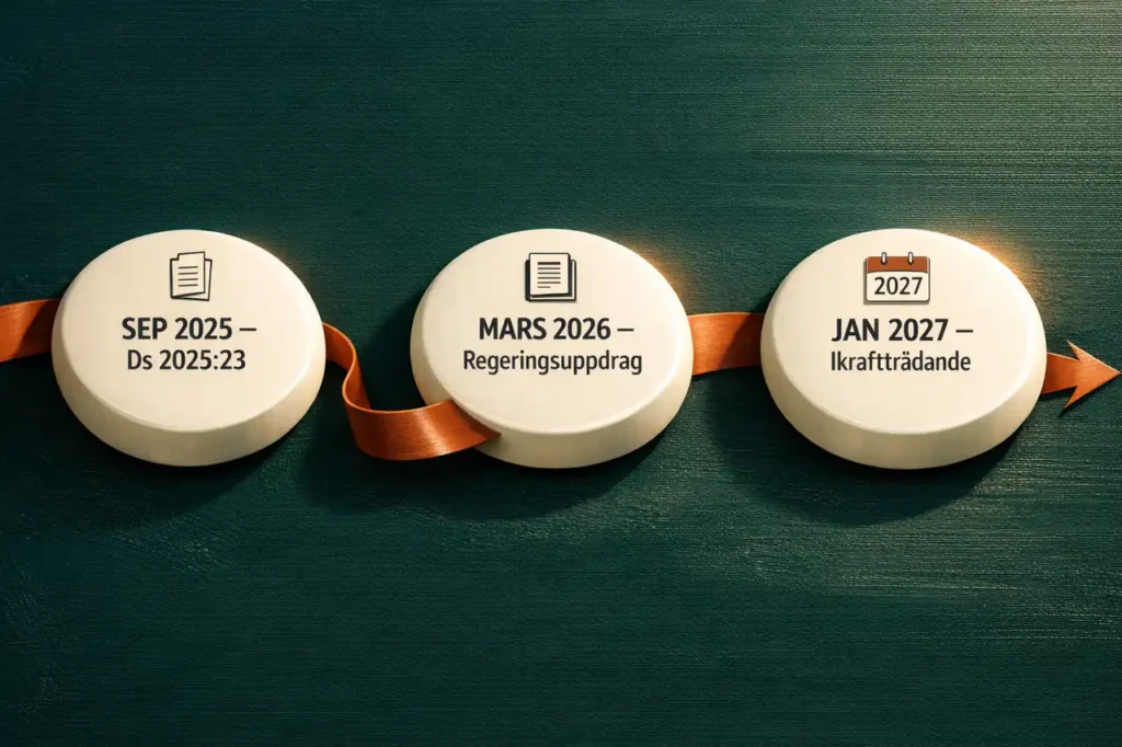 Tidslinje över regelförändringar från Ds 2025:23 i september 2025 till deltagarkriteriets ikraftträdande januari 2027