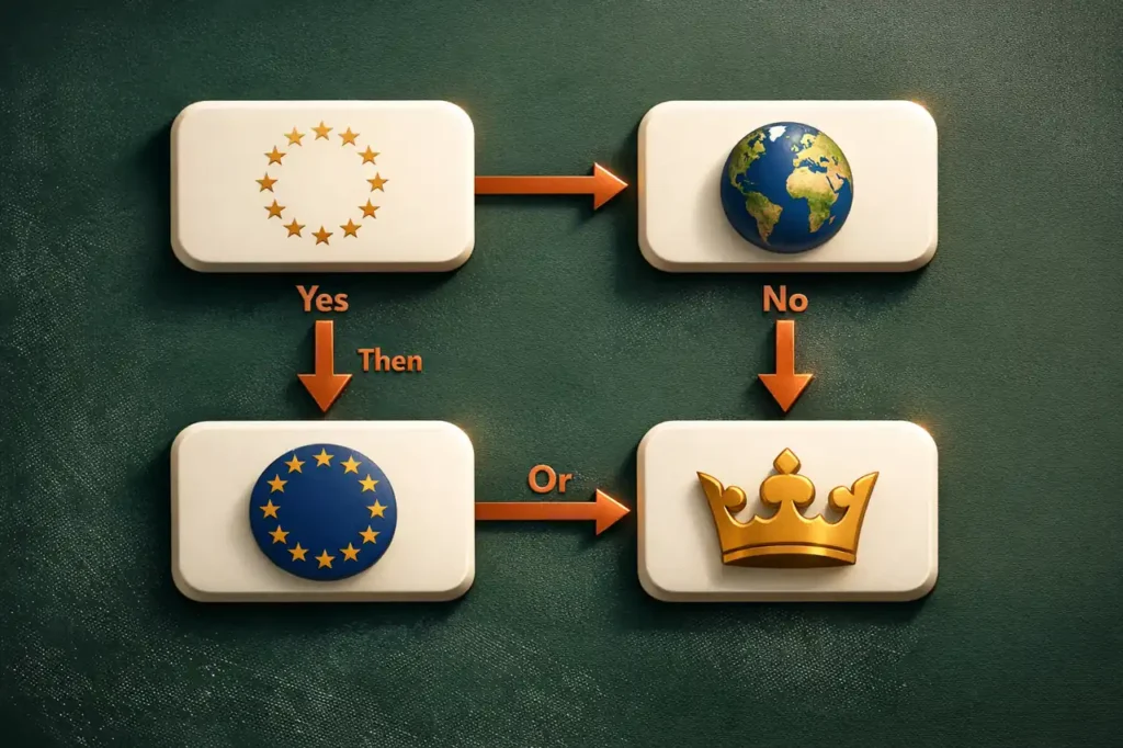 Beslutsflödesdiagram för svenska skatteregler på casinovinster – EES-licens och riktningskriteriet